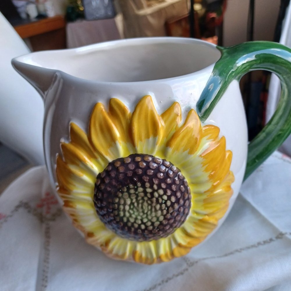 Vintage Bassano Ceramic Pitcher Made‎ in Italy Hand Painted Sunflower
